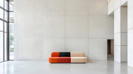 Aufkleber - Minimalist and Spacious Open Plan Living Area with Multicolored Sofa and Abundant Natural Light Flooding the Tranquil and Serene Interior Space