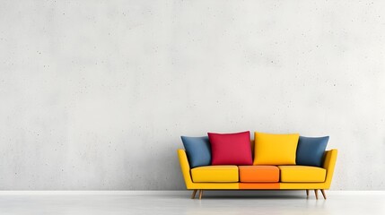 Aufkleber - Spacious Minimalist Lounge with Vibrant Multicolored Sofa as Centerpiece Plain Concrete Backdrop and Bright Airy Ambiance Showcasing Modernist Architectural Motifs