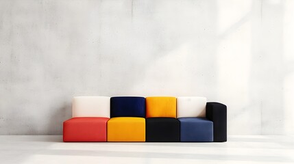Poster - Airy and Minimalist Open Plan Living Room with Plain Concrete Walls Sunlit Interior and a Bold Multicolored Modern Couch as the Focal Point of the Sparse Furnishings and Decor in a Clean