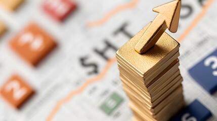 Aufkleber - 3D money chart illustrating financial market growth with a gold arrow rising over currency symbols and trade graphs representing the upward trend in profits investments and overall economic progress
