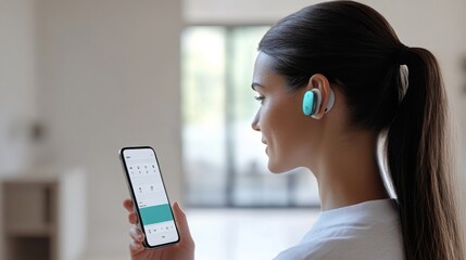 Aufkleber - A woman enjoys listening to music through wireless earbuds while checking her smartphone in a well-lit indoor space, showcasing a modern lifestyle that embraces technology and connectivity.
