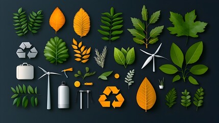 Aufkleber - Eco Friendly Iconography A Curated Collection of Organic Leaf and Plant Motifs Renewable Energy Symbols and Recycling Graphics in a Hand Drawn Style with an Earthy Color Scheme