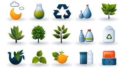 Aufkleber - Vibrant and contemporary icon set featuring minimalist line art symbols representing various ecological concepts sustainable energy sources recycling and natural elements