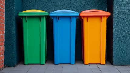 Poster - Vibrant trash bins placed in a narrow city alley viewed from an elevated perspective highlighting the importance of urban waste management and recycling efforts