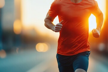 Athlete running during sunset in an urban setting, dynamic movement and energy.