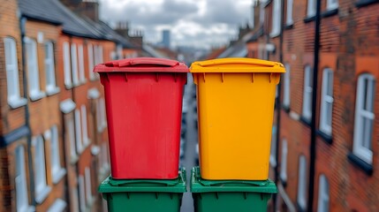 Poster - Colorful waste bins and recycling receptacles arranged in a neat pattern in a city alley viewed from an overhead perspective