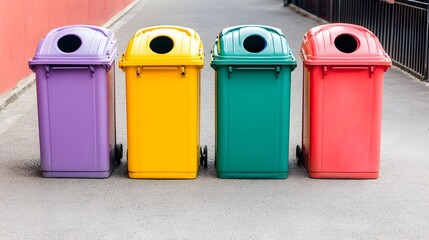 Poster - Aerial View of Vibrant Trash Bins Orderly Positioned in a City Alley Highlighting Effective Waste Management and Urban Sanitation Practices