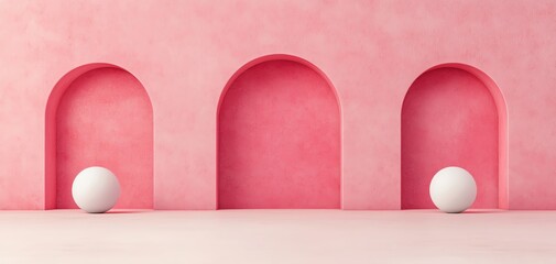 Poster - Minimalist pink geometric composition with rounded arches and spheres, evoking a clean and stylish platform for highend product showcases