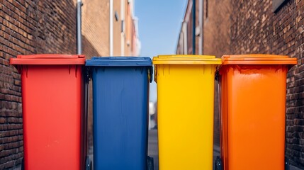 Poster - Overhead view of vibrant multi colored trash and recycling bins arranged in a neat pattern in a city alley