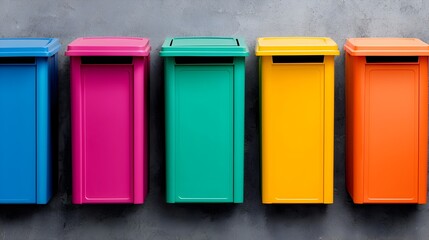 Poster - Aerial perspective showcasing a vibrant array of colorful trash bins situated in an urban alley highlighting environmental awareness and recycling initiatives within the community