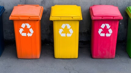 Poster - Aerial view of a vibrant colorful arrangement of recycling bins in an urban alley showcasing a city s commitment to environmental awareness and sustainable waste management practices