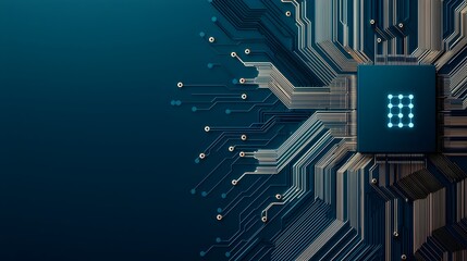 Fototapete - Navy gradient abstract tech background featuring a futuristic motherboard with intricate digital circuit lines and dots symbolizing intelligence and advanced digital connectivity