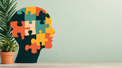 Poster - Abstract 3D of a puzzle head with pieces fitting together symbolizing the process of mental health recovery and therapy  The concept represents the journey of self discovery personal growth