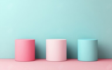Poster - Abstract display featuring cylindrical podiums in pastel pink and blue shades, with a subtle gradient background and soft shadows, ideal for a modern product layout