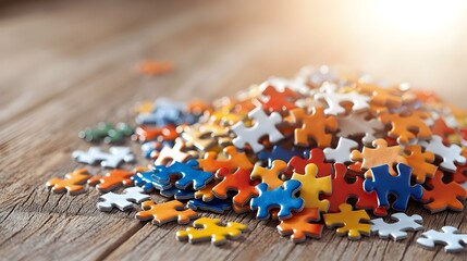 Leinwandbilder - A pile of vibrant multi shaped puzzle pieces scattered across a warm wooden table casting soft shadows and creating an abstract geometric design
