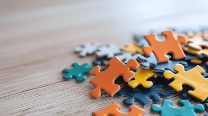 Aufkleber - A pile of vibrant various shaped puzzle pieces scattered across a wooden table casting soft shadows and creating an abstract creative composition
