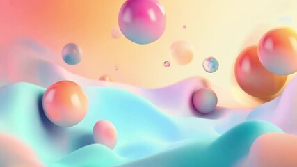 Poster - Colorful abstract shapes blend harmoniously in a three-dimensional soft landscape with bubbles at sunrise