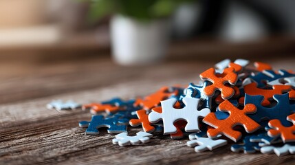 Leinwandbilder - A pile of colorful puzzle pieces in various shapes and sizes scattered across a wooden table casting soft shadows and creating an abstract textured pattern