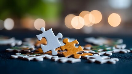 Poster - Intriguing unfinished puzzle with missing pieces revealing an intricate and vibrant design underneath with soft lighting and a creative abstract concept