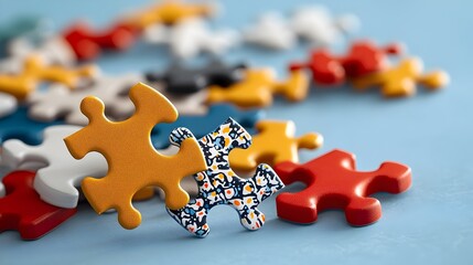 Fototapete - Vibrant and colorful puzzle pieces scattered in a dynamic abstract composition creating a playful and visually engaging design with unique patterns and shapes
