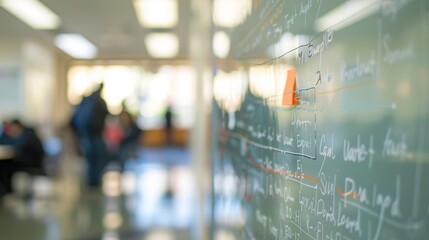 Aufkleber - Project management whiteboard is showing key performance indicators and notes with an orange sticky note, blurred students are in the background