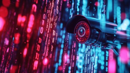 Poster - Surveillance camera focused against binary codes backdrop, highlighting security in a tech-driven world