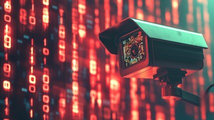 Poster - Surveillance camera focused against binary codes backdrop, highlighting security in a tech-driven world