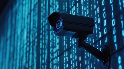 Poster - Surveillance camera focused against binary codes backdrop, highlighting security in a tech-driven world