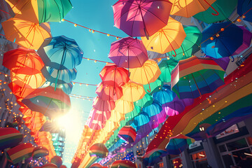 A vibrant display of colorful umbrellas against a bright blue sky, creating a festive atmosphere in an urban setting.