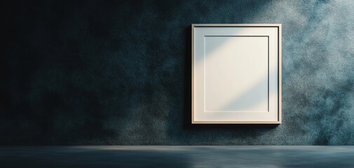 Poster - Elegant empty frame mockup on a dark wall, enhanced by a sharp spotlight, creating a professional gallery display