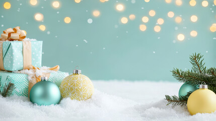 Poster - Festive holiday decorations featuring wrapped gifts, colorful ornaments, and evergreen branches on a snowy background with soft bokeh lights
