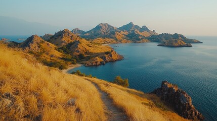 A Coastal Path Leading to a Mountainous Island in a Serene Bay