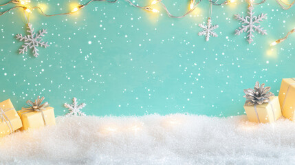 Poster - Festive winter scene with snowflakes, fairy lights, and gold gifts on a turquoise background creating a cheerful holiday atmosphere