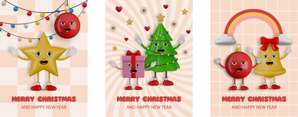 Wall Mural - set of christmas cards with funny 3d groovy characters