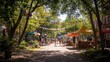© Junior - A small neighborhood block party with families gathered on a sunny street, kids playing games, and adults chatting by food stalls. String lights and colorful bunting are hung between trees,