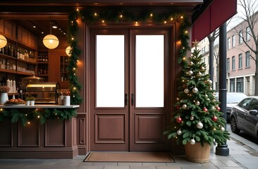 Christmas mock up on doors of cafe, Christmas tree and decoration. Copy space. Christmas template.