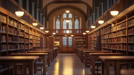Poster - A Grand Library Hallway with Wooden Bookshelves and Desks
