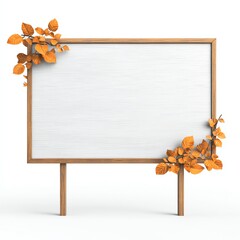 A wooden frame featuring autumn leaves with a blank canvas, perfect for displays, signage, or decorative purposes.