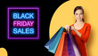 © vgstudio - Black Friday Sale discounts ad concept - beautiful woman in orange dress stand isolated yellow background, hold show colorful shop bags. Mockup template design banner.