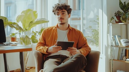 Wall Mural - A young man with curly hair relaxes in a cozy chair, holding a tablet. Sunlight streams through large windows, illuminating the room filled with plants and books, creating a peaceful atmosphere.