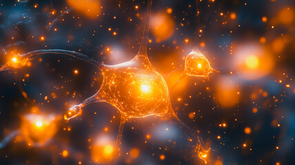 Poster - A bright orange brain with many small orange dots surrounding it. The brain is surrounded by a dark blue background