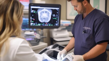 Aufkleber - A doctor, wearing scrubs and gloves, is examining an x-ray on a computer screen with a patient. The patient is wearing a white lab coat and has long blond hair.