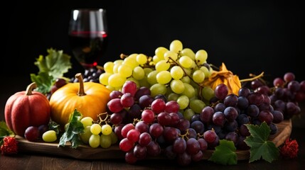 A table is covered with a variety of fruits and vegetables, including grapes