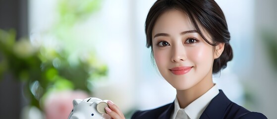 Asian woman carefully placing a coin into a glass piggy bank planning for future financial security and wealth growth through investment planning and cost saving measures