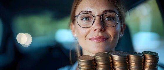 Young woman carefully holding a stack of coins while reviewing her budget and savings strategy focused on achieving financial freedom and a secure future through responsible money management