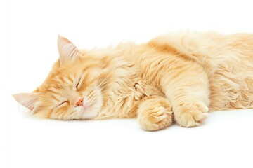  A fluffy orange cat peacefully sleeping on a white background, showcasing its beautiful fur and relaxed demeanor.