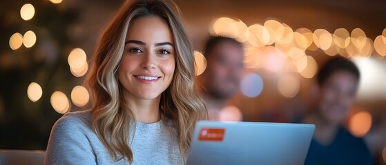 Young and happy woman finalizing her online purchase at home holding a credit card and looking at her laptop screen with a bright blurred background