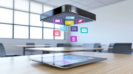 Poster - Floating Icons Above Tablet in Modern Office Space