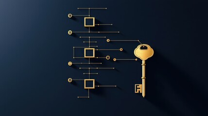 Golden key with digital circuit design on a dark background.