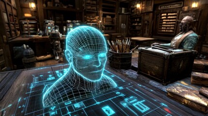 Poster - Futuristic Cybernetic Head in High-Tech Workshop